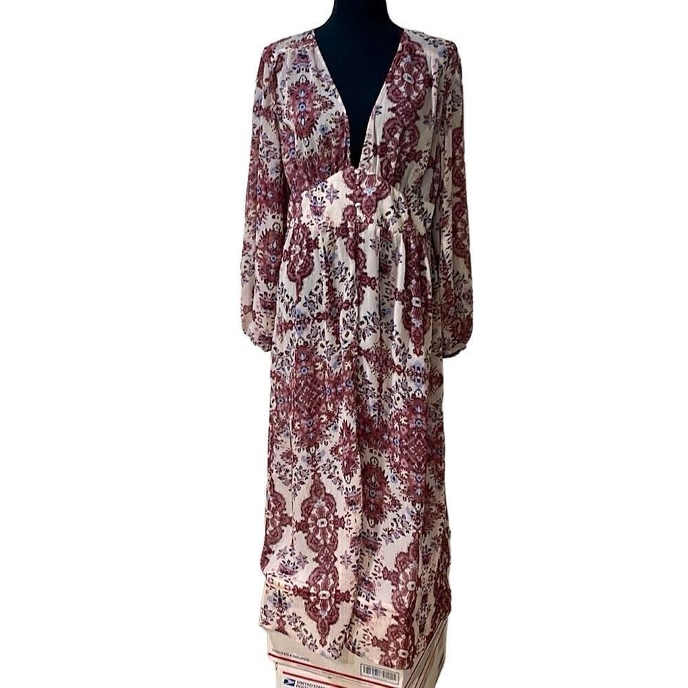 Sheer Pink Floral Print Duster Womens Boho Front Button Puff Sleeves Size M